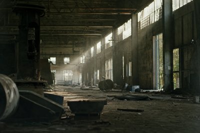 Verlassene Industriehalle mit Lichtkegeln