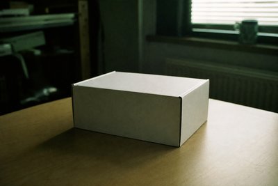 Geschlossener weißer Karton mit Schleife aus Packband