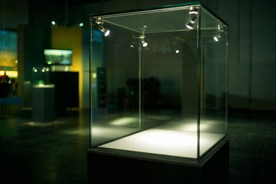 Vitrine mit angestrahltem leeren Sockel