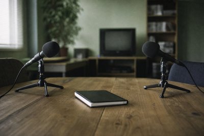 Zwei Mikrofone einander gegenüber auf einem Tisch