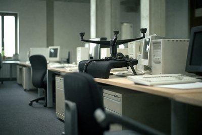 Ein umgedrehter Stuhl in Büroreihe