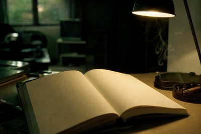 Aufgeschlagenes leeres Buch im Lampenlicht