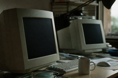 Schreibtisch mit zwei Monitoren im Morgenlicht