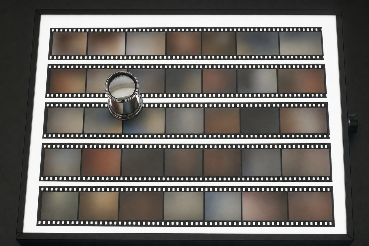Ein Kontaktbogen mit Kleinbildfilm auf einem Leuchtpult, darauf eine Fadenlupe