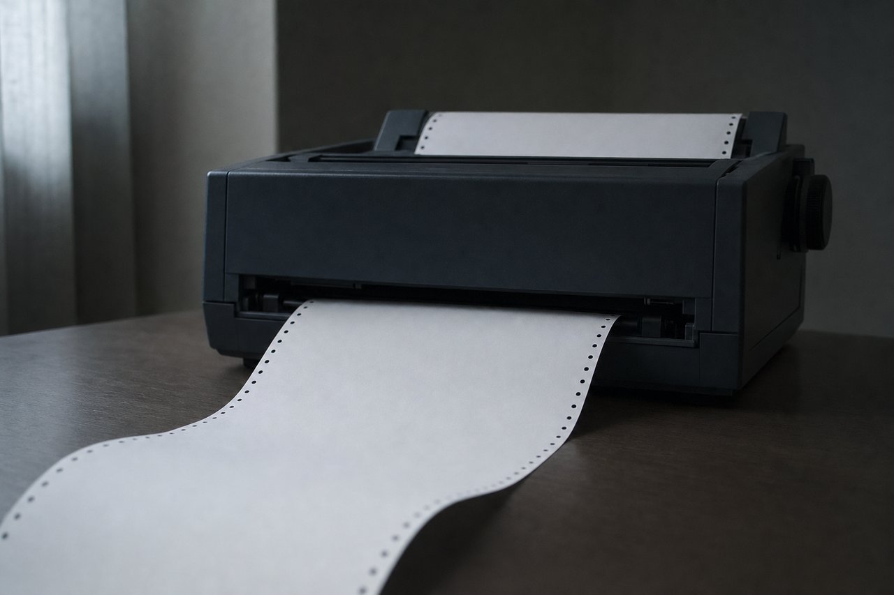 Unbedrucktes Endlospapier läuft aus einem Nadeldrucker über einen Schreibtisch