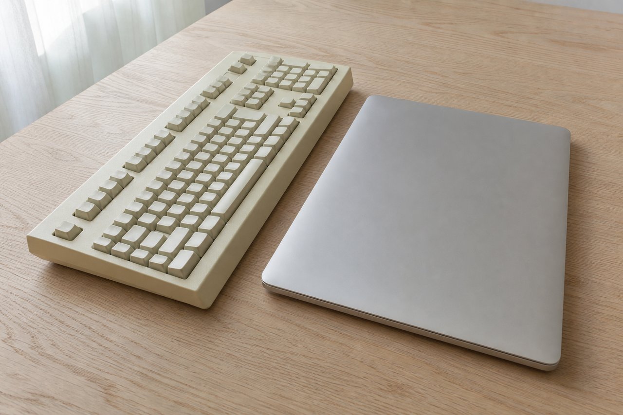 Eine vergilbte Tastatur der späten 1990er neben einem geschlossenen modernen Notebook